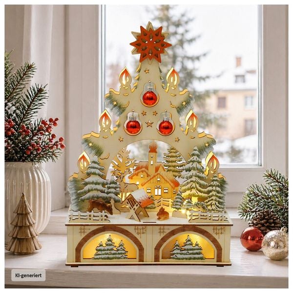 HTI-Living LED Schwibbogen Weihnachtsbaum mit Kugeln und Kirche
