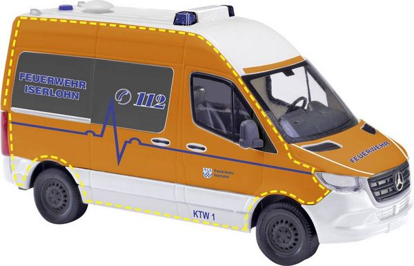 Busch 54061 H0 Bus Modell, Einsatzfahrzeug Modell Mercedes Benz Sprinter kurzer Radstand Hochdach, Feuerwehr Iserlohn