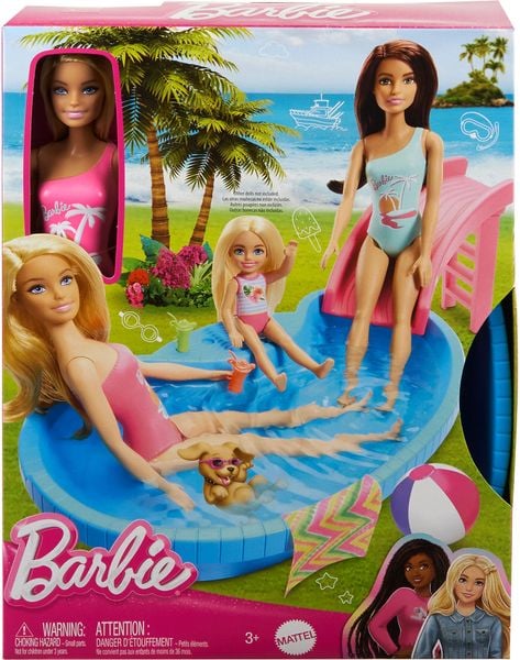 Barbie-Puppe und Pool Spielset, blonde Puppe mit Pool, Rutsche, Handtuch und Getränke-Accessoires
