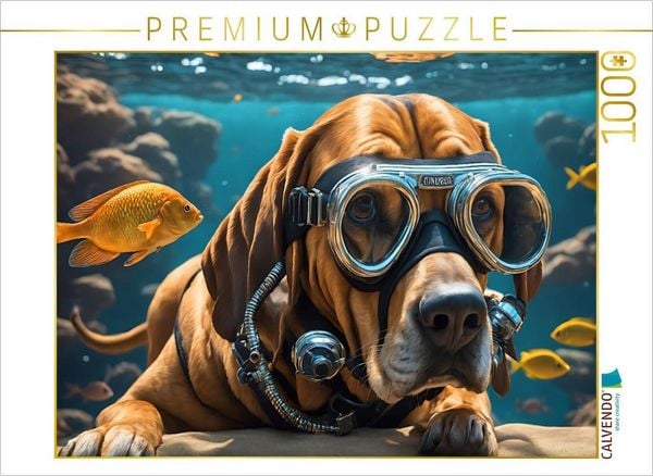 CALVENDO Puzzle Bluthund Pluto mit Schwimmbrille beim Tauchen 1000 Teile Lege-Größe 64x48cm Foto-Puzzle für glückliche Stunden