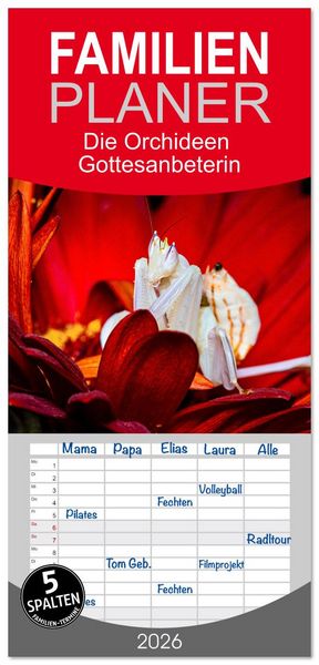 Familienplaner 2026 - Die Orchideen Gottesanbeterin mit 5 Spalten (Wandkalender, 21 x 45 cm) CALVENDO