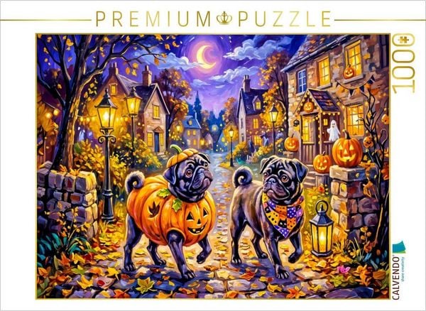 CALVENDO Puzzle Möpse auf fröhlicher Halloween-Rundtour Puzzle 1000 Teile Lege-Größe 64x48cm Foto-Puzzle für glückliche Stunden