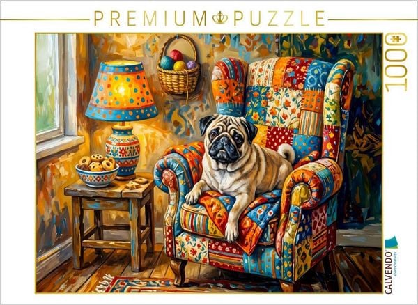 CALVENDO Puzzle Mops entspannt gemütlich im bunten Ohrensessel Puzzle 1000 Teile Lege-Größe 64x48cm Foto-Puzzle für glückliche Stunden