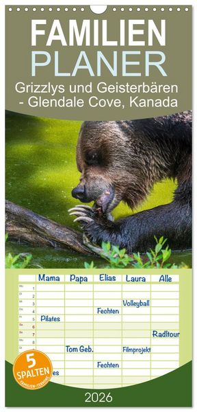 Familienplaner 2026 - Grizzlys und Geisterbären - Glendale Cove, Kanada mit 5 Spalten (Wandkalender, 21 x 45 cm) CALVENDO