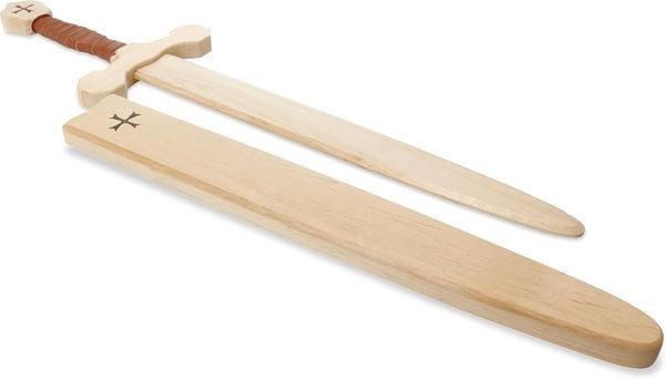 BestSaller 1012.9 - Templer-Schwert-Set mit Holzhülle, Birke, 64cm, Holz-Schwert, Griff mit brauner Kunstlederwickelung