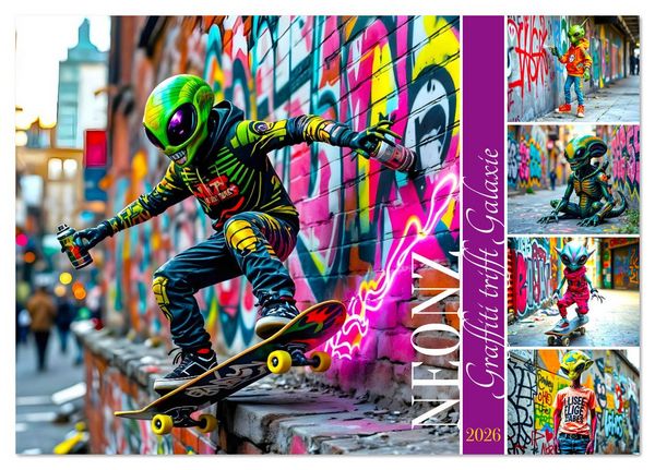 NEONZ - Graffiti trifft Galaxie (Tischkalender 2026 DIN A5 quer), CALVENDO Monatskalender