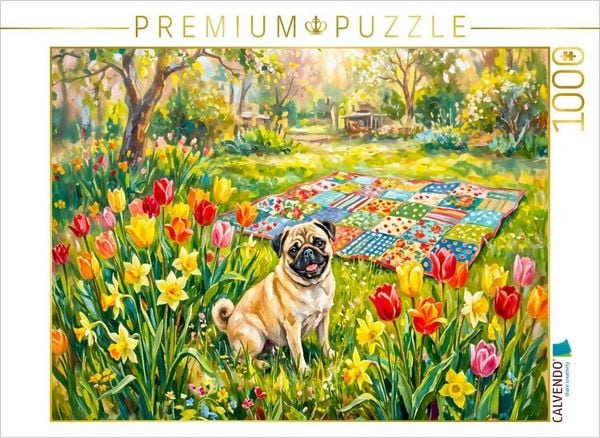 CALVENDO Puzzle Mops im blühenden Frühlingsgarten auf Patchworkdecke Puzzle 1000 Teile Lege-Größe 64x48cm Foto-Puzzle für glückliche Stunden
