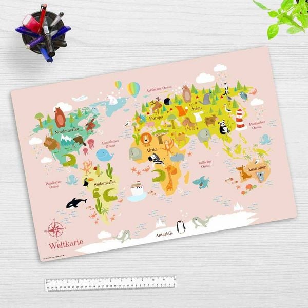 Cover-your-desk Schreibtischunterlage für Kinder Weltkarte in rosa für Kinder, aus hochwertigem Vinyl, 60 x 40 cm