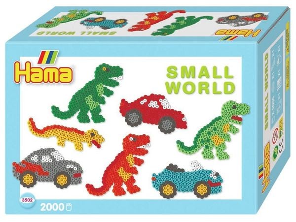 Hama 3502 - Bügelperlen Midi - Geschenkpackung, kleine Welt Dinosaurier & Auto blau