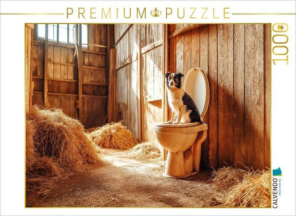 CALVENDO Puzzle Kackender Hund im Stall - Lustiger Aussie auf dem stillen Örtchen 1000 Teile Lege-Größe 64x48cm Foto-Puzzle für glückliche Stunden