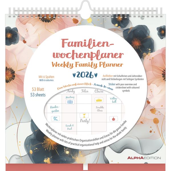 Familien Wochenkalender Flowers 2026 - Familien-Timer - Termin-Planer - Kinder-Kalender - Familien-Kalender - 30,5x30,5