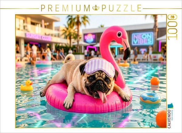 CALVENDO Puzzle Mops auf Flamingo Float Puzzle 1000 Teile Lege-Größe 64x48cm Foto-Puzzle für glückliche Stunden
