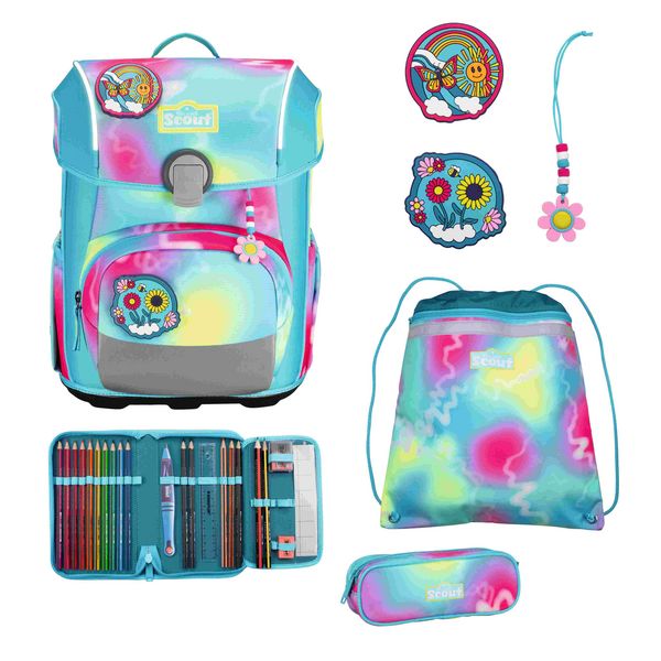 Scout Schulranzen Set Neo Safety Light, Schulranzen Set, 4tlg, Happy Rainbow