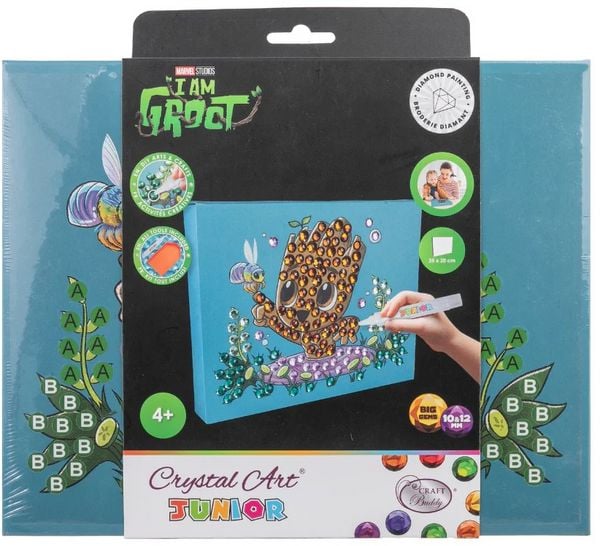 Craft Buddy CAJK-31MCU007 - Crystal Art Junior, Marvel Groot, Canvas Kit, Bastelset mit Keilrahmen, Diamond Painting