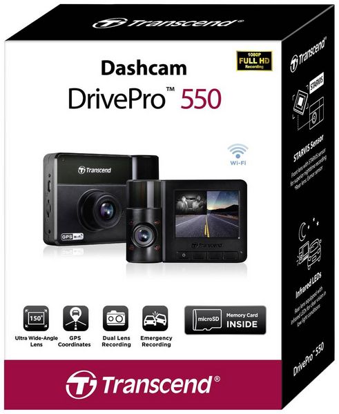Transcend DrivePro 550B Dashcam mit GPS Blickwinkel horizontal max.=150 ° 12 V, 24 V WLAN, Akku, Innenraumkamera