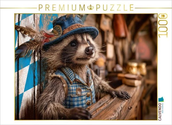 CALVENDO Puzzle Bayerischer Waschbär in Tracht hinter rustikalem Tresen 1000 Teile Lege-Größe 64x48cm Foto-Puzzle für glückliche Stunden