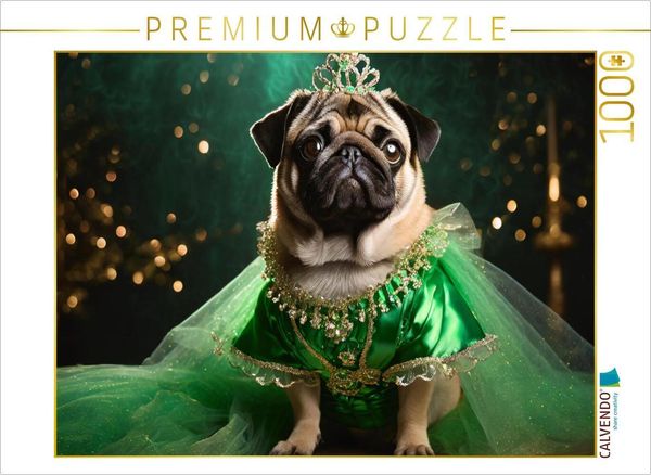 CALVENDO Puzzle Mops trägt elegantes grünes Abendkleid mit Schmuck und Krone 1000 Teile Lege-Größe 64x48cm Foto-Puzzle für glückliche Stunden