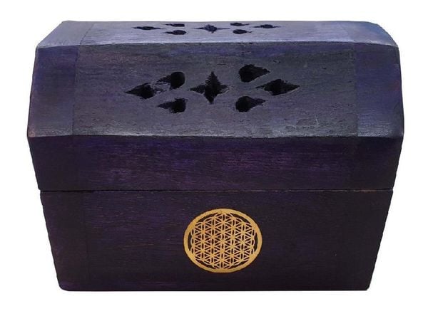 Räucherkegelhalter India Truhe 'Blume des Lebens' Holz violett 9 x 6 cm
