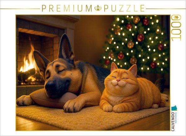 CALVENDO Puzzle Weihnachtsentspannung - Schäferhund und Katze am Kamin 1000 Teile Lege-Größe 64x48cm Foto-Puzzle für glückliche Stunden
