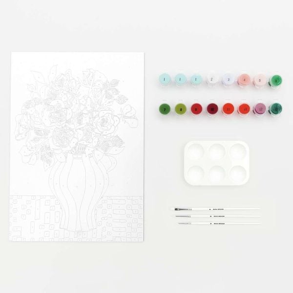 Malen nach Zahlen Set, rote Rosen, 26 x 37 cm , Inhalt: 1 Malkarton, 16 Acrylfarben für 1 Motiv, 3Pinsel, 1Malpalette