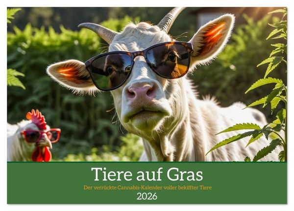 Tiere auf Gras - Der verrückte Cannabis-Kalender voller bekiffter Tiere (Wandkalender 2026 DIN A2 quer), CALVENDO Monatskalender
