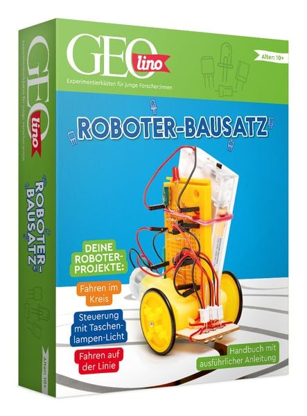FRANZIS 67158 - GEOlino Roboter Bausatz, Experimentierkasten mit spannenden Roboter-Projekten inkl. Handbuch mit ausführlicher Anleitung. Für Kinder ab 10 Jahren.