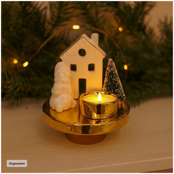 HTI-Living Teelichthalter Weihnachtsdeko Schneemann Haus Tannenbaum Keramik Gold Weiß