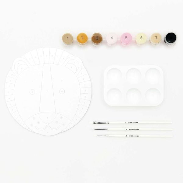 Malen nach Zahlen Set, Löwe , Inhalt: 1 Malkarton, 8 Acrylfarben für ein Motiv, 3 Pinsel, 1 Malpalette