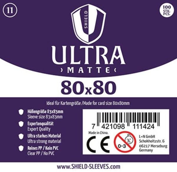 Shield Sleeves 1027385 - Shield Ultra Matte 11, 100 Super Sleeves für Kartengröße 80 x 80 mm, Spielkarten-Schutzhüllen