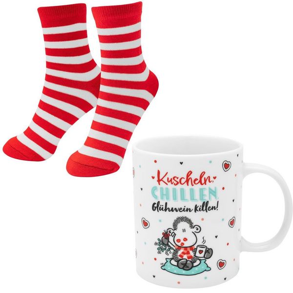Sheepworld Tassen-Socken-Set bestehend aus einer Tasse mit Motivdruck: 'Kuscheln, Chillen, Glühwein killen!' und einem Paar Socken in Größe 36-40