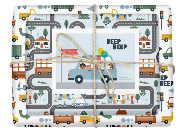 Geschenkpapier-Set für Kinder: Fahrzeuge (Auto/ Bus/ LKW/ Motorrad)