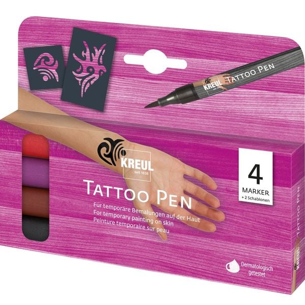 KREUL TattooPen Set Tribals 4 Marker mit 2 Schablonen 6 Teile Kartonetui