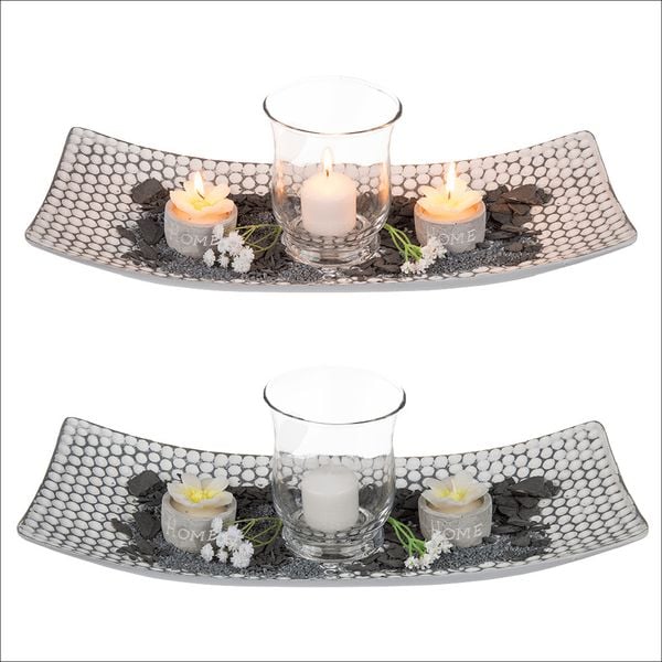 Holz-Schale, weiß-/graufarben, ca. 38 x 16 cm, mit Windlicht, Kerze, 2 Blumen Teelichhaltern, Dekosteinen und Dekosand und weißen Deko-Blumen