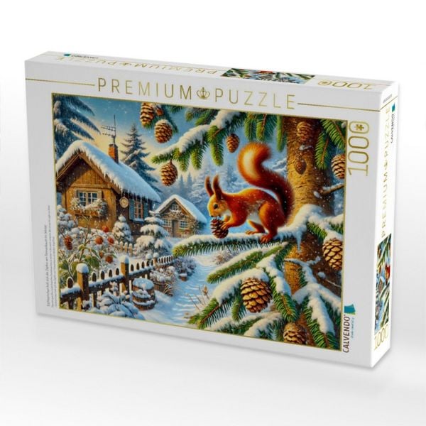 CALVENDO Puzzle Eichhörnchen holt sich die Zapfen am Tannenbaum im Winter 1000 Teile Lege-Größe 64x48cm Foto-Puzzle für glückliche Stunden