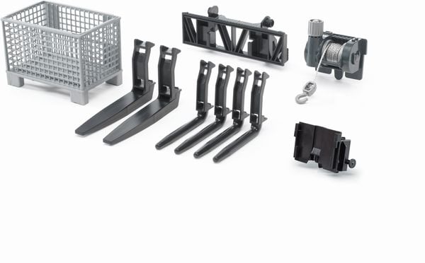 Bruder Profi-Serie Gitterpalette, Seilwinde und Frontladergabeln