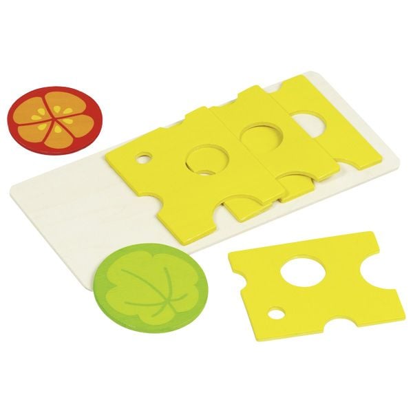 Goki 51811 - Käseaufschnitt (4 Scheiben/1 Salatblatt/1 Tomate), 6-teilig, Holz, Zubehör für Kinderküche/Kaufladen