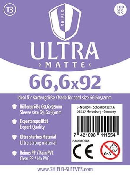 Shield Sleeves 1027381 - Shield Ultra Matte 13, 100 Super Sleeves für Kartengröße 66,6 x 92 mm, Spielkarten-Schutzhüllen