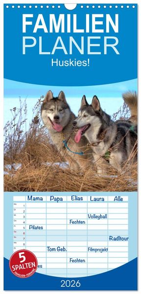 Familienplaner 2026 - Huskies! mit 5 Spalten (Wandkalender, 21 x 45 cm) CALVENDO
