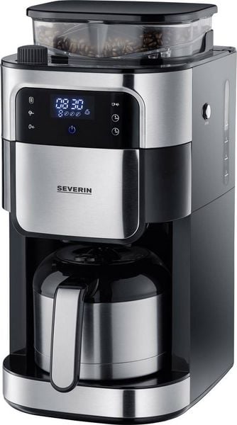 Severin Filterkaffeemaschine mit Mahlwerk und Edelstahl-Thermokanne, Kaffeemaschine Schwarz, Edelstahl (gebürstet