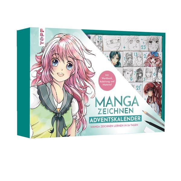 Manga zeichnen Adventskalender - Manga zeichnen lernen in 24 Tagen. Mit Anleitungsbuch, Workbook und Zeichenmaterial