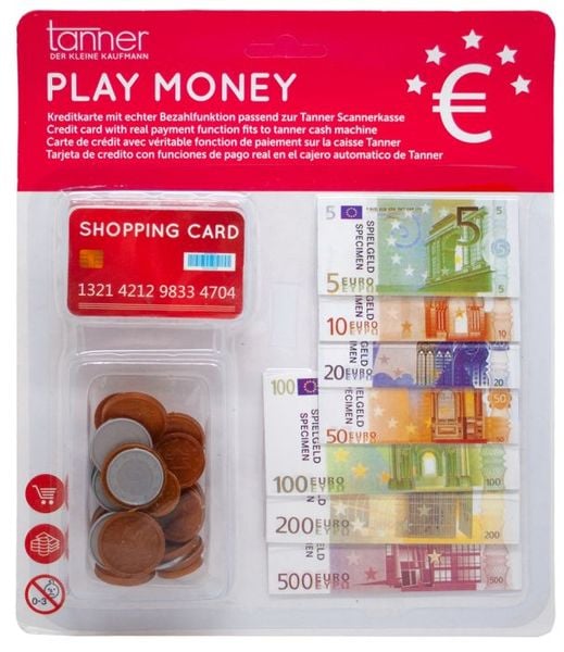 Spielgeldblister mit 32 Euro-Münzen und 60 Euro-Scheinen, sowie die Tanner Shopping card. Passend zur Scannerkasse.