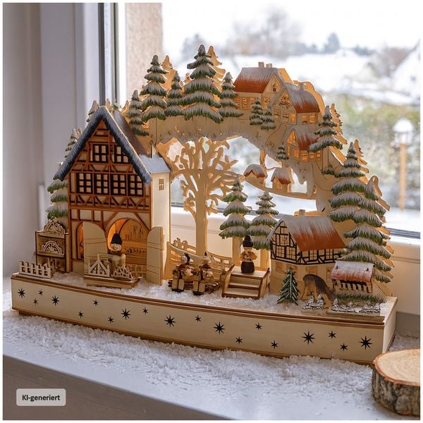 HTI-Living Traditioneller Schwibbogen Holz mit Wintermotiv und Figuren 50 x 30 cm