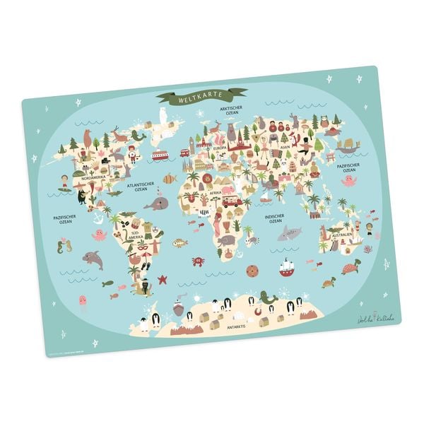 Tischsetmacher Tischset für Kinder Weltkarte in blau mit Tieren in deutsch, aus hochwertigem Vinyl , 44 x 32 cm