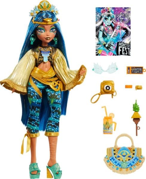 Monster High Monsterfest Cleo de Nile-Modepuppe mit Festival-Outfit, Bandposter und Zubehör