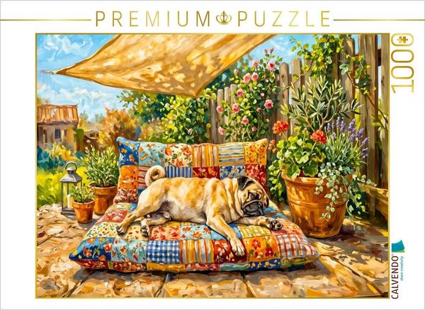CALVENDO Puzzle Mops entspannt gemütlich auf Kissen auf Terrasse Puzzle 1000 Teile Lege-Größe 64x48cm Foto-Puzzle für glückliche Stunden