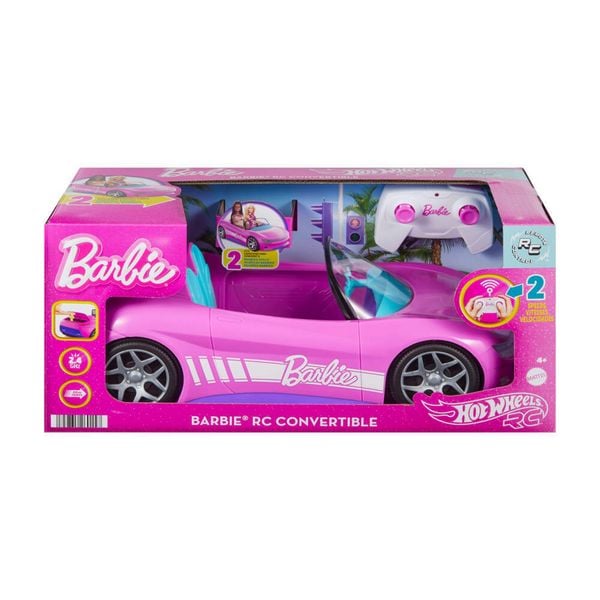 Ferngesteuertes Hot Wheels Barbie Cabrio, Spielzeugauto mit batteriebetriebener Fernbedienung, Platz für 2 Barbie-Puppen