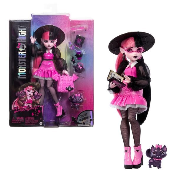 Monster High Draculaura Modepuppe mit Haustier Count Fabulous und Accessoires