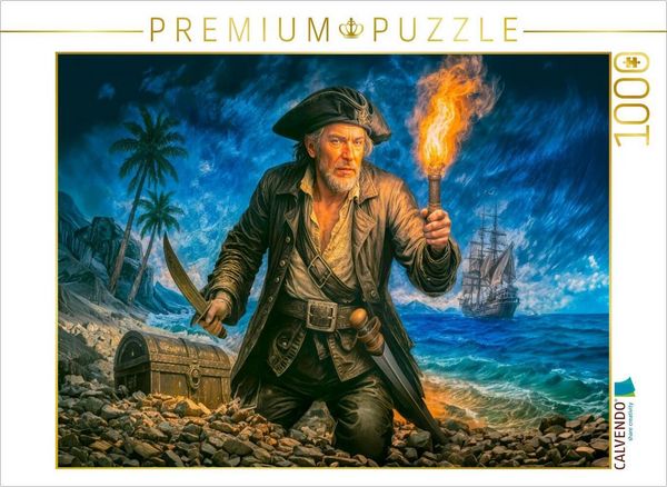 CALVENDO Puzzle Captain Kidd bei Nacht - Versteckte Schatztruhe Puzzle 1000 Teile Lege-Größe 64x48cm Foto-Puzzle für glückliche Stunden