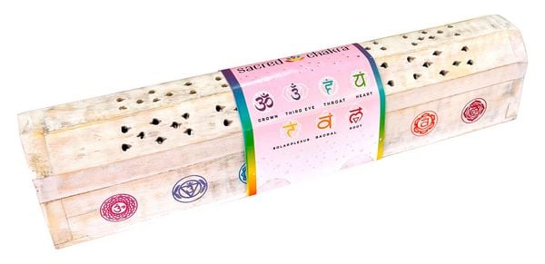 India Truhe '7 Chakren' Holz weiß 30x6cm, Räucherstäbchenhalter