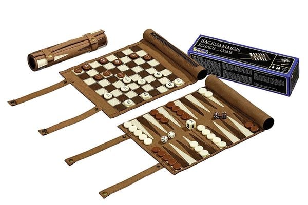 Schach Backgammon Dame Set, Reise, Kunstleder, Feld 25 mm